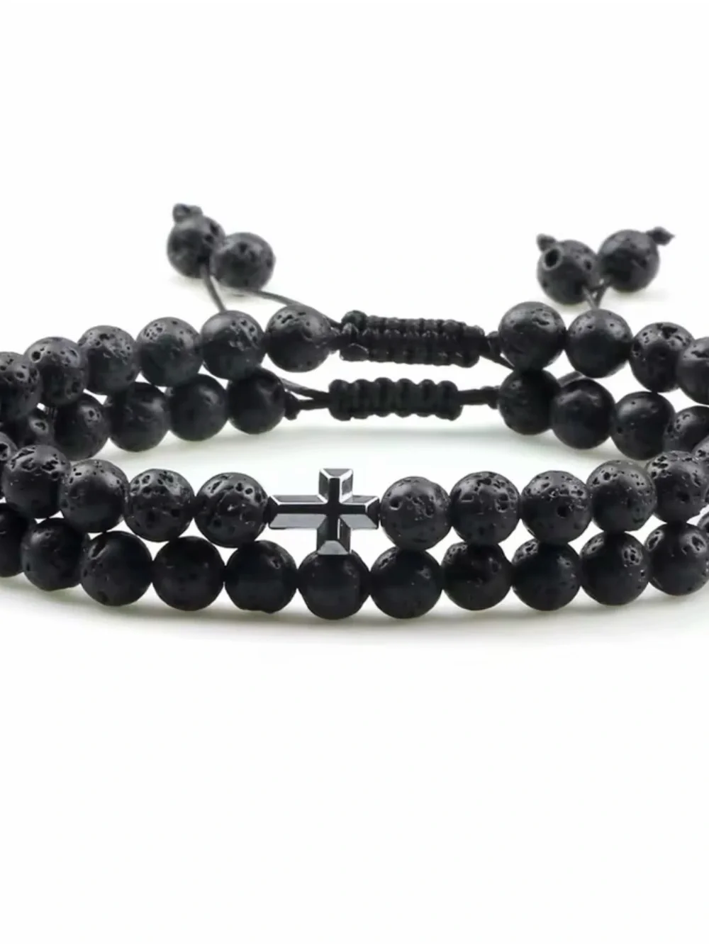 Black Lava Stone Beaded Men's Bracelet hematite Cross waterproof adjustable